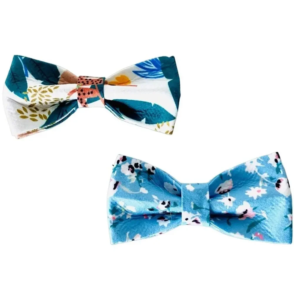 2 NEW HANDMADE Blue White Floral Green Tropic Dog Cat Pet Collar Elastic Bow Tie